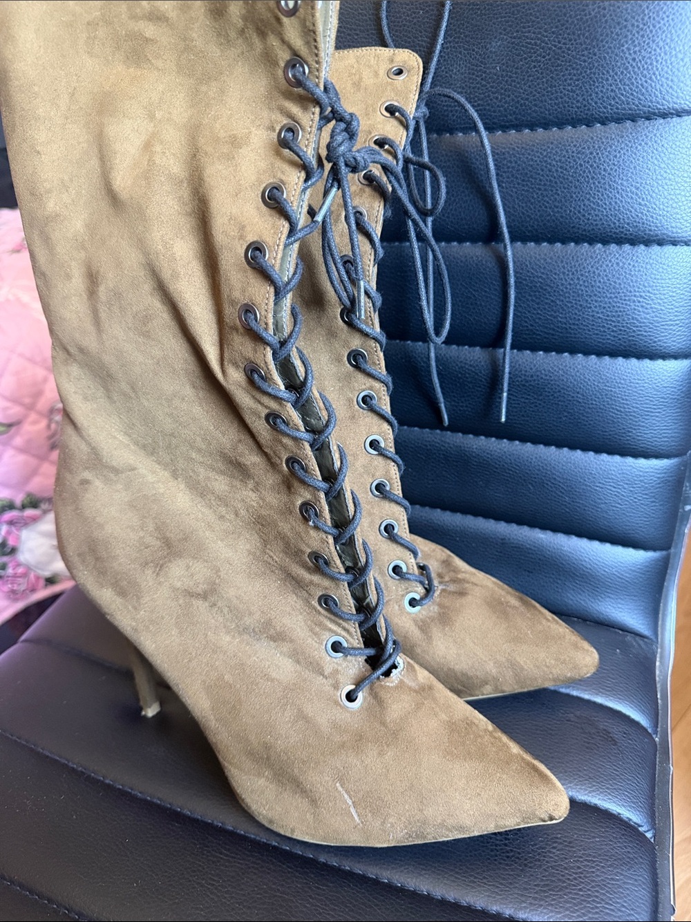Ann Michell Tan Suede Lace-Up Pointed-Toe Heeled Boots